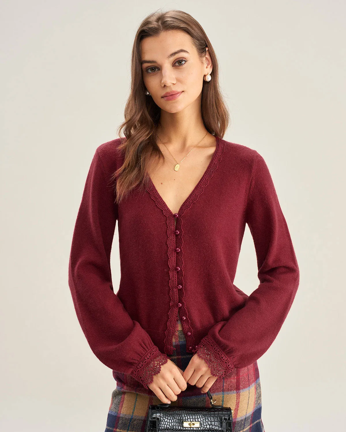 Red V Neck Lace Trim Knit Cardigan sold by rihoas