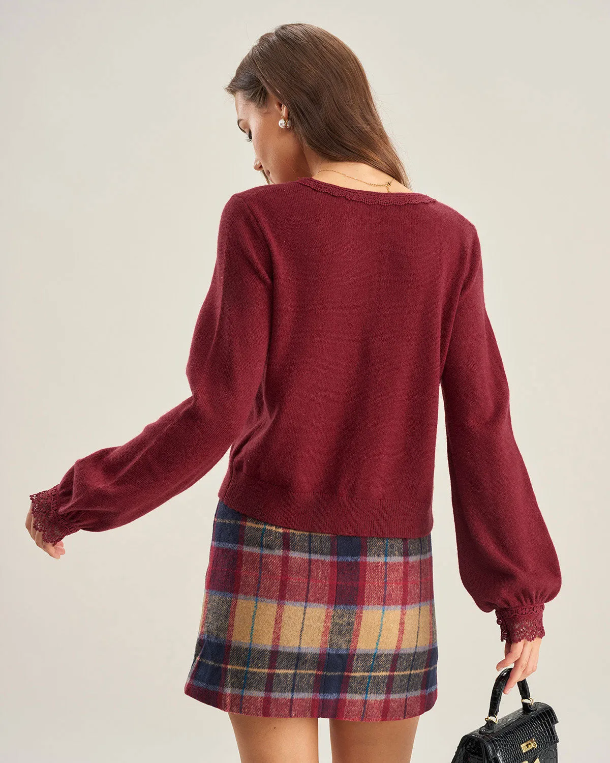 Red V Neck Lace Trim Knit Cardigan sold by rihoas product image thumbnail 4