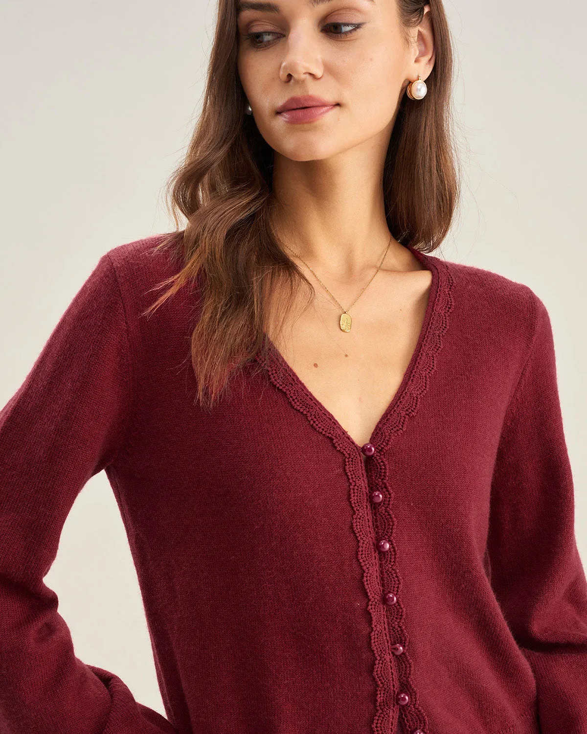 Red V Neck Lace Trim Knit Cardigan sold by rihoas product image thumbnail 2