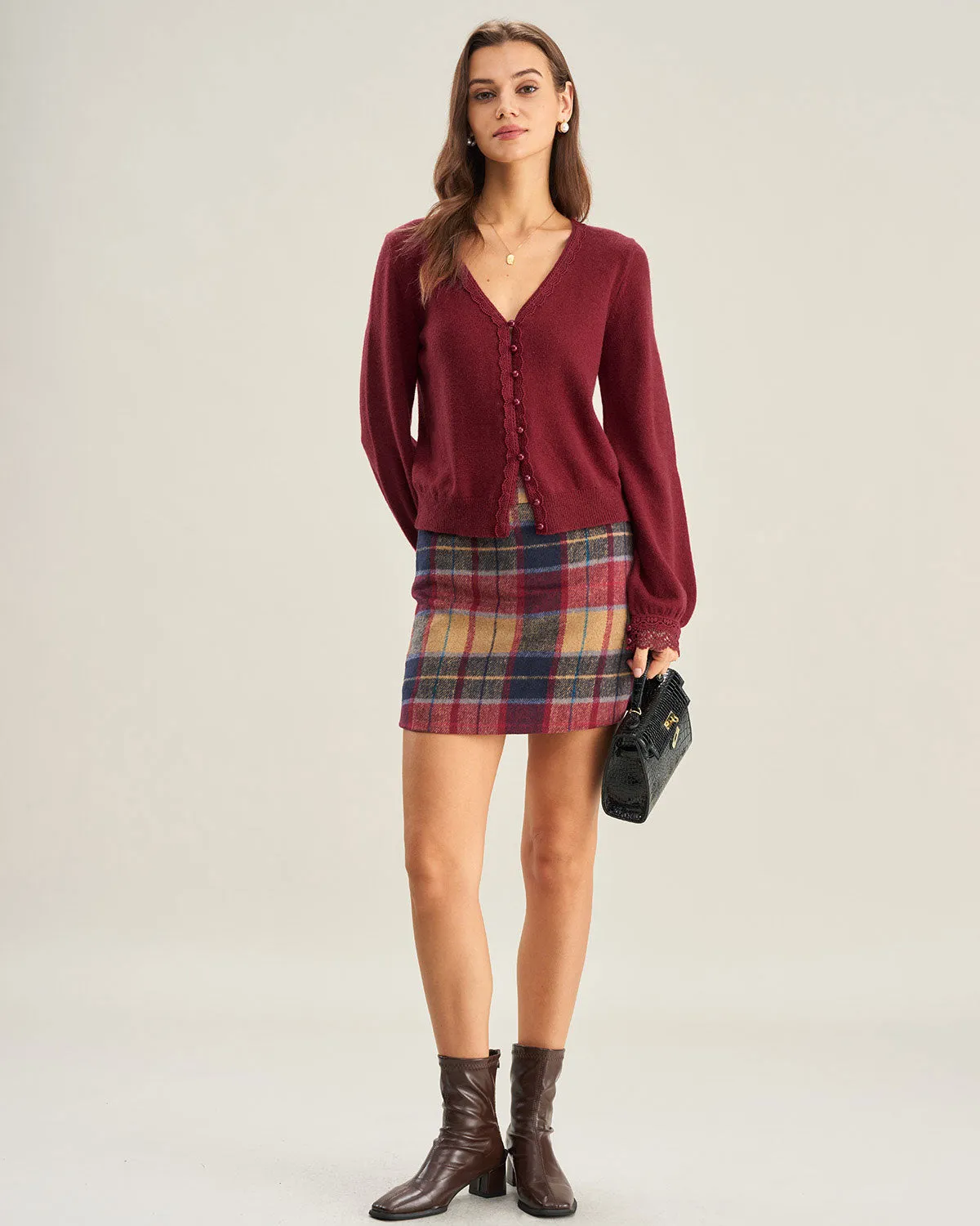 Red V Neck Lace Trim Knit Cardigan sold by rihoas product image thumbnail 5