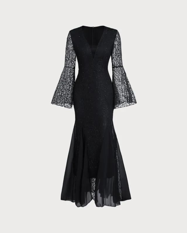 Black Lace Bell Sleeve Maxi Dress sold by rihoas