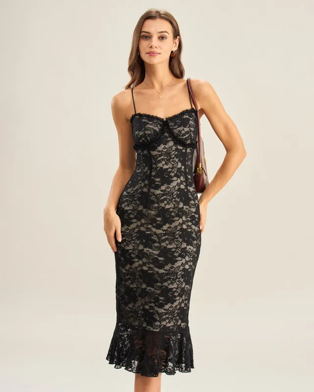 Black Lace Mermaid Slip Midi Dress sold by rihoas