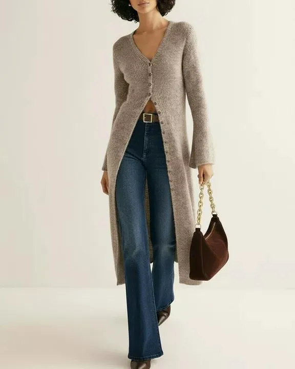 Khaki V Neck Single Breasted Knit Cardigan sold by rihoas