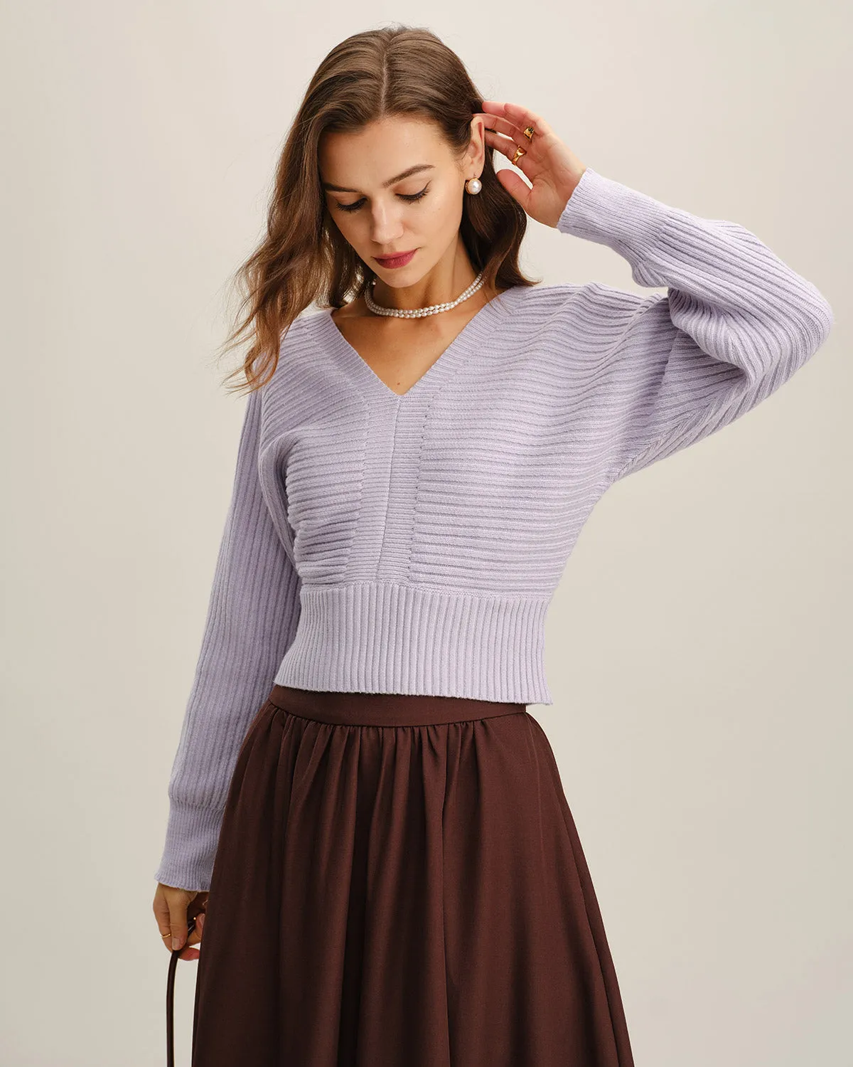 Purple V Neck High Stretch Sweater sold by rihoas
