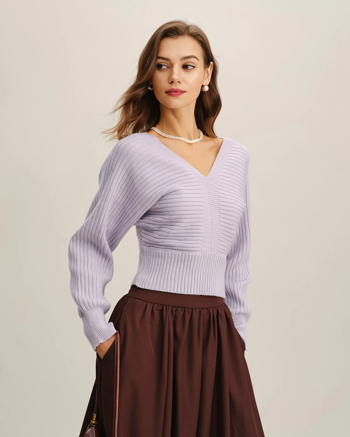 Purple V Neck High Stretch Sweater sold by rihoas product image thumbnail 2