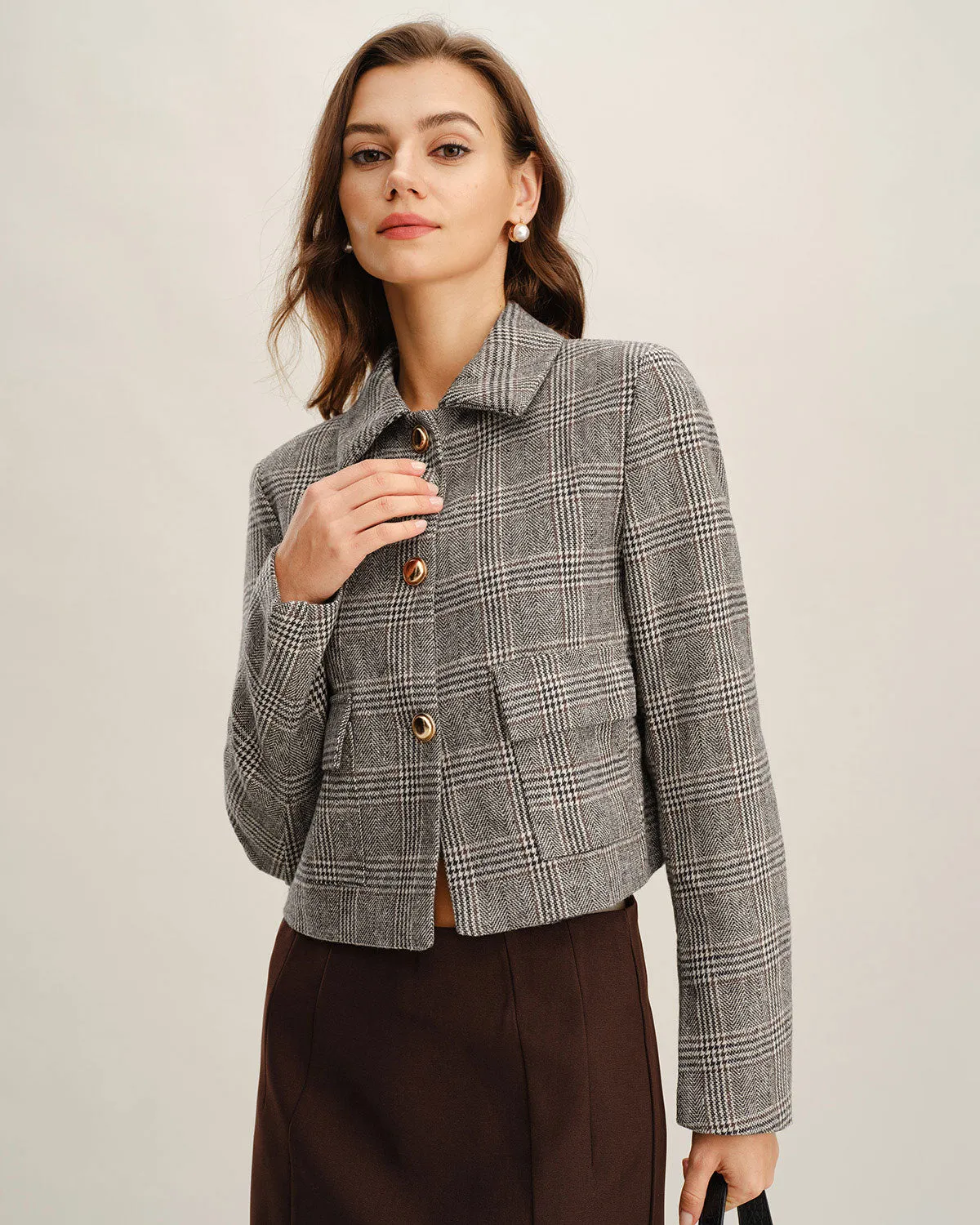 Khaki Plaid Single Breasted Jacket sold by rihoas product image thumbnail 3