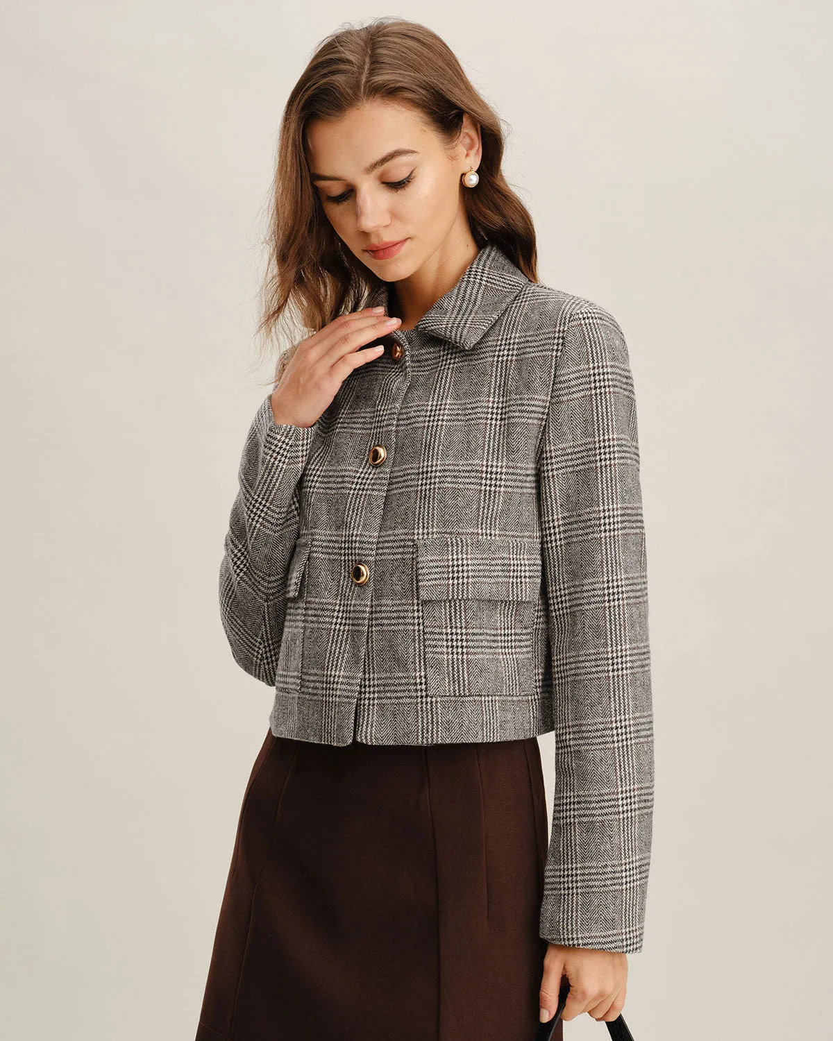 Khaki Plaid Single Breasted Jacket sold by rihoas product image thumbnail 4