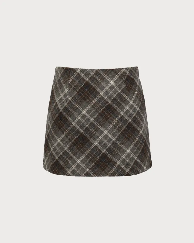 Brown Plaid A-Line Mini Skirt sold by rihoas