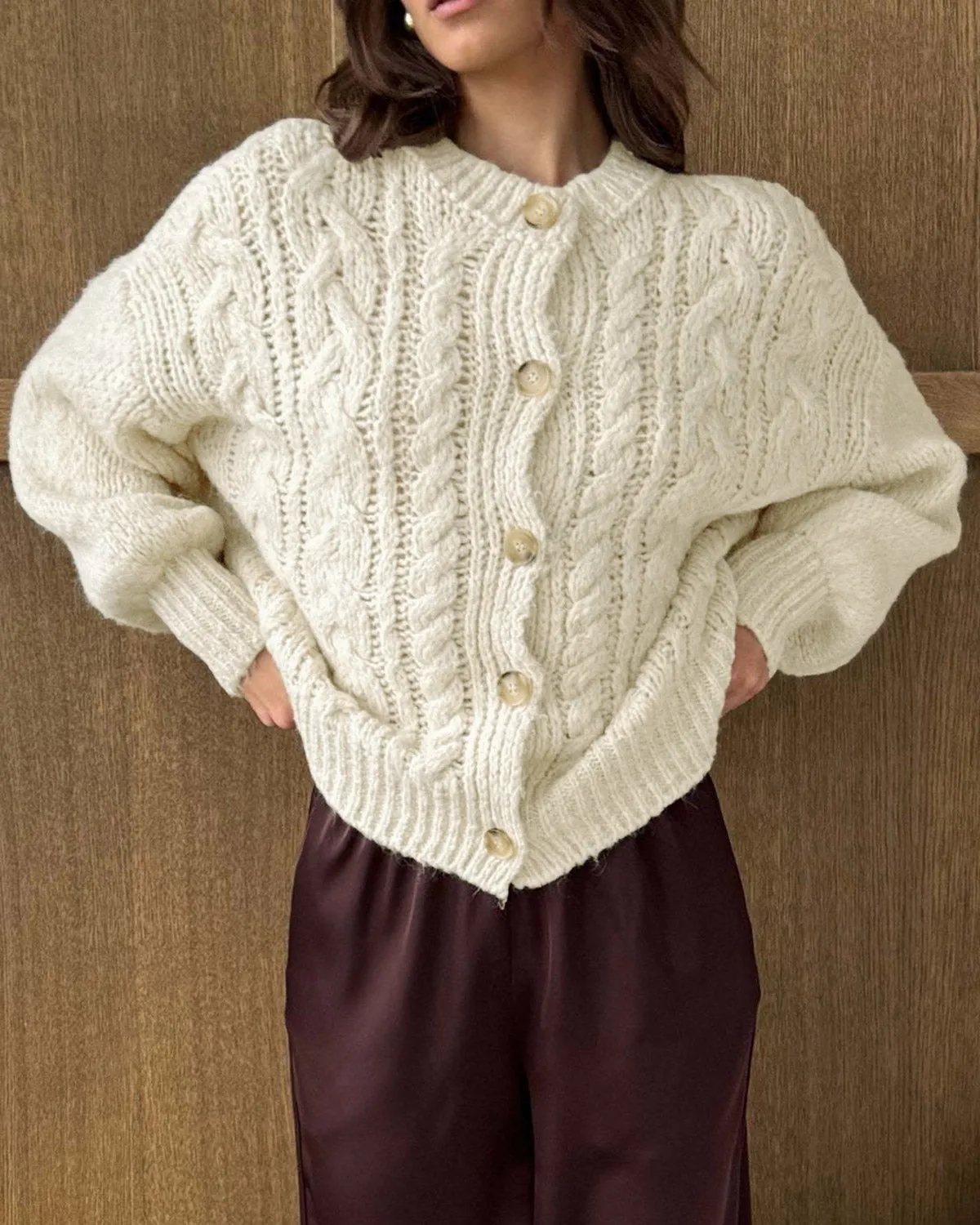 White Round Neck Textured Knit Cardigan sold by rihoas