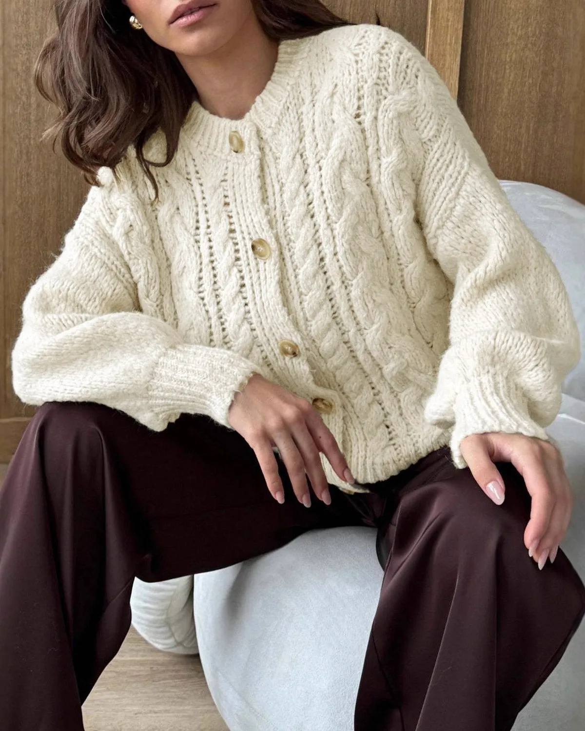 White Round Neck Textured Knit Cardigan sold by rihoas product image thumbnail 2