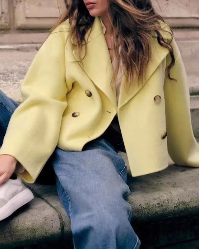 Yellow Double Breasted Pockets Jacket sold by rihoas