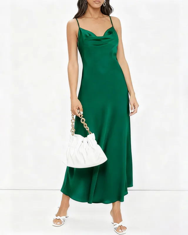 Green Satin A-Line Slip Midi Dress sold by rihoas