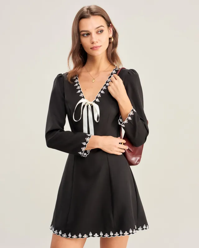 Black Contrasting Embroidery Mini Dress sold by rihoas