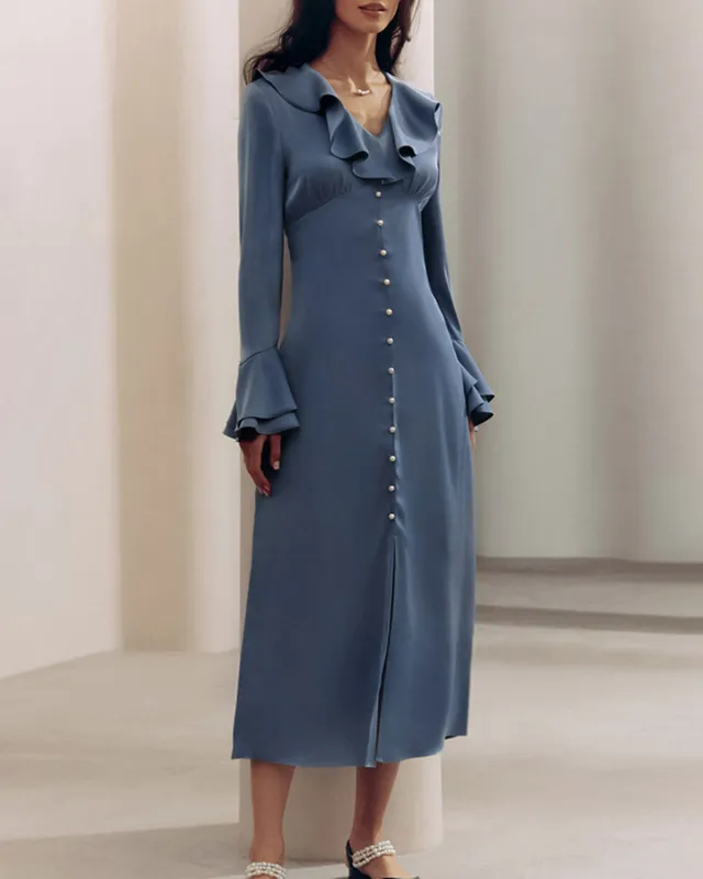 Blue V Neck Ruffle Satin Maxi Dress sold by rihoas