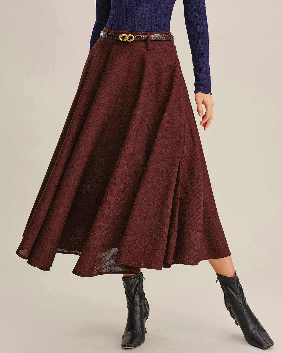 Wine Red A-Line Pocket Midi Skirt sold by rihoas