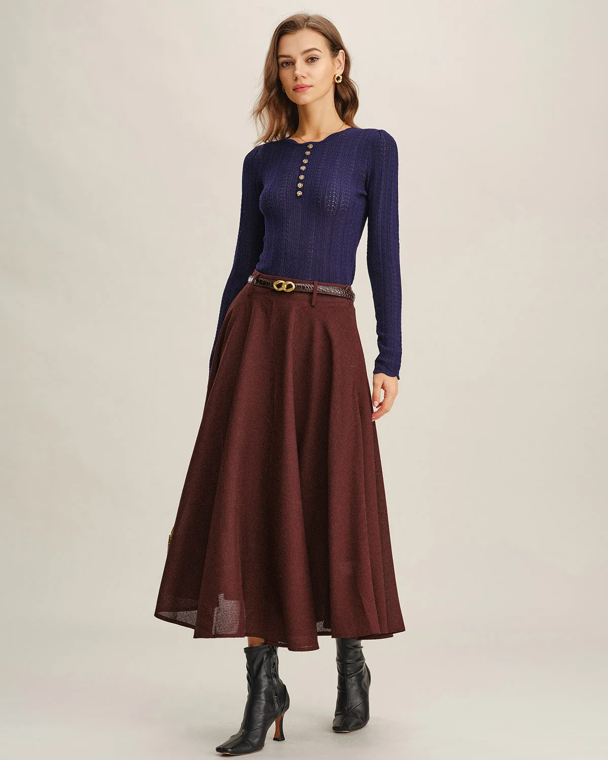 Wine Red A-Line Pocket Midi Skirt sold by rihoas product image thumbnail 3