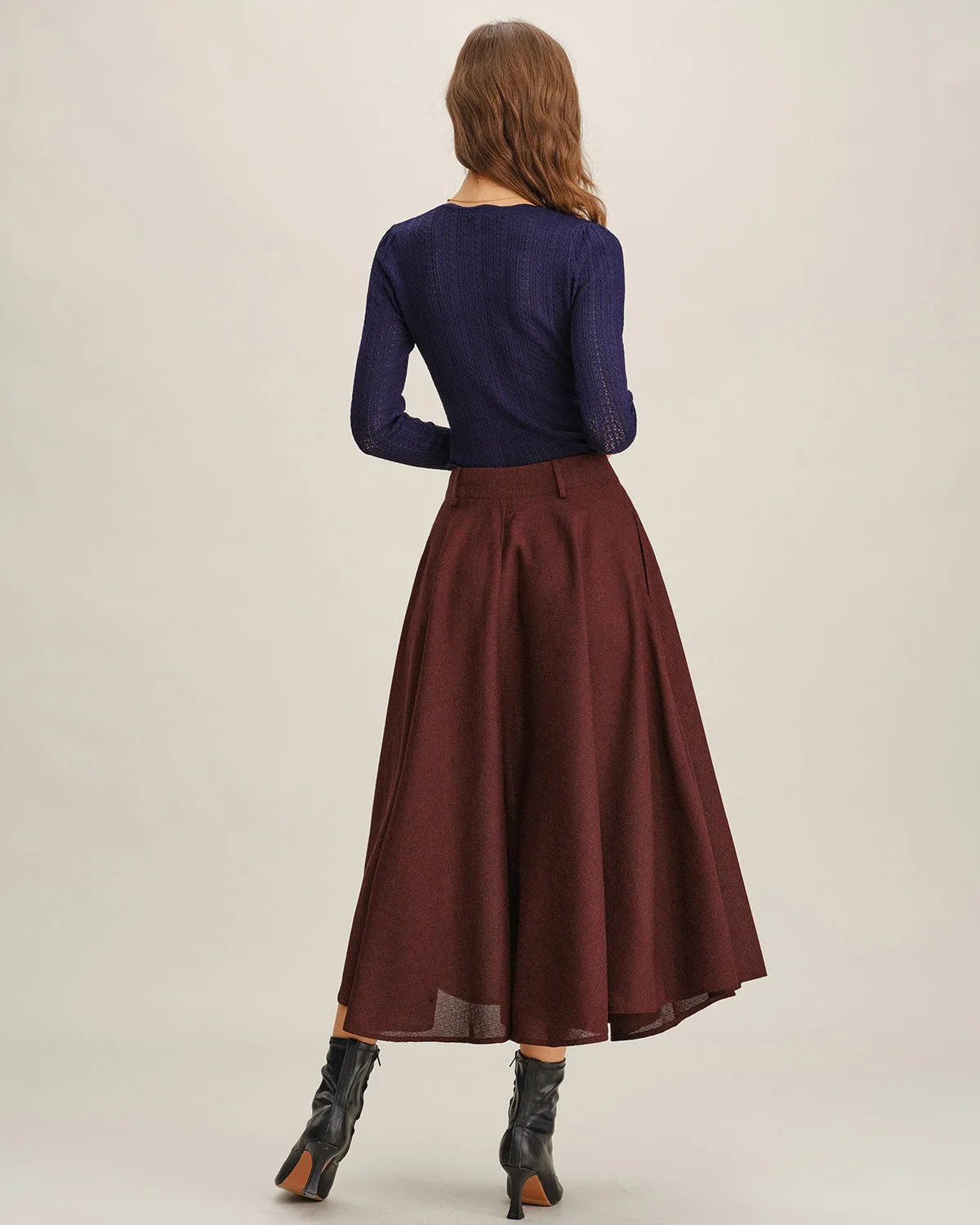 Wine Red A-Line Pocket Midi Skirt sold by rihoas product image thumbnail 4
