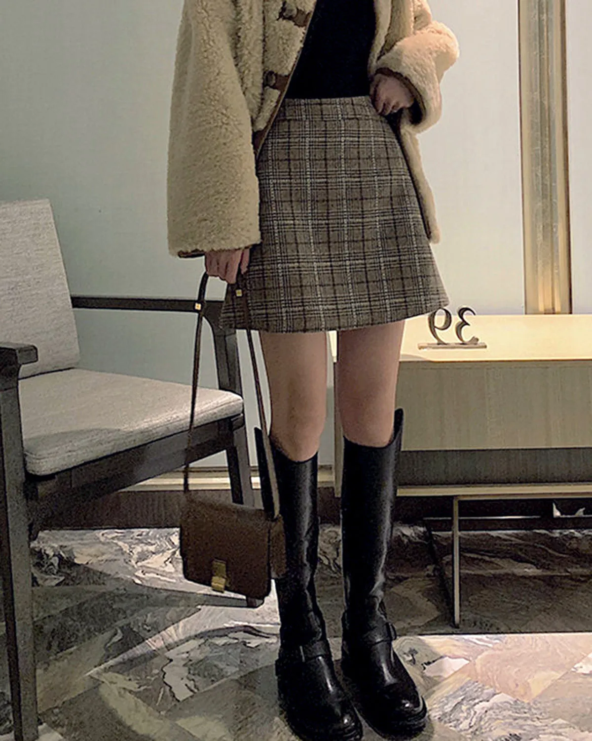 Brown Plaid A-Line Mini Skirt sold by rihoas product image thumbnail 2