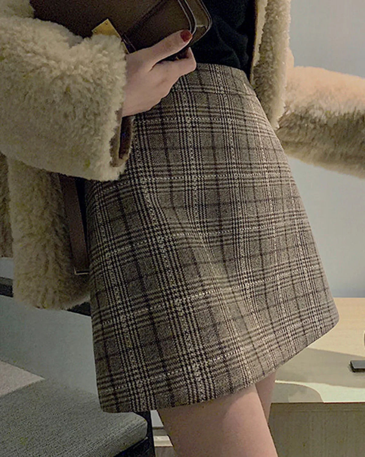 Brown Plaid A-Line Mini Skirt sold by rihoas