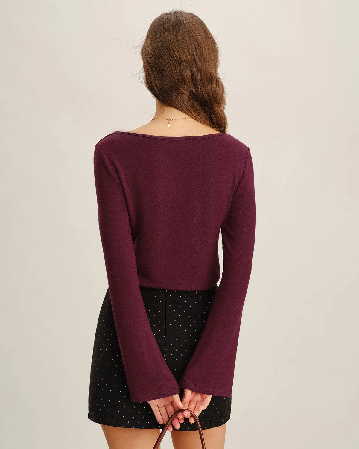 WIne Red V Neck Bell Sleeve Knit Tee sold by rihoas product image thumbnail 4