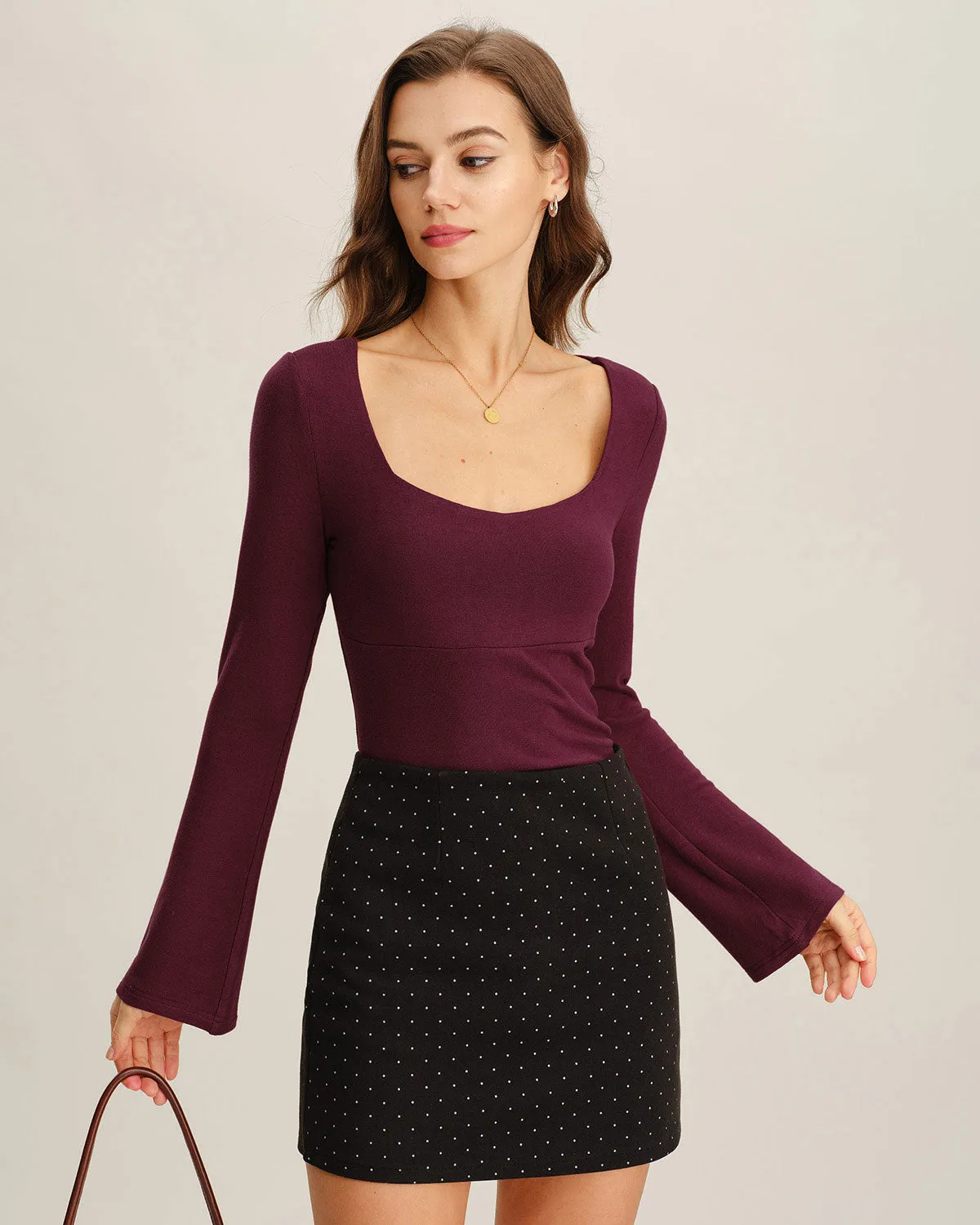 WIne Red V Neck Bell Sleeve Knit Tee sold by rihoas product image thumbnail 3