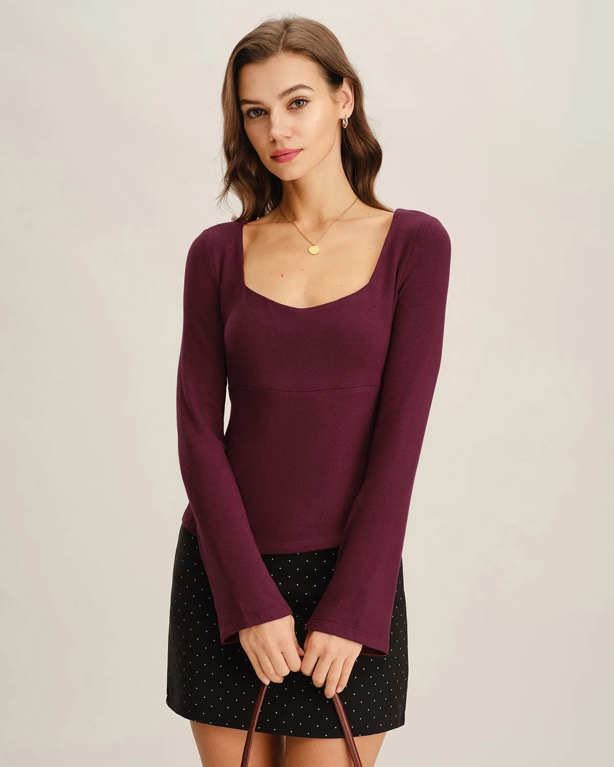 WIne Red V Neck Bell Sleeve Knit Tee sold by rihoas