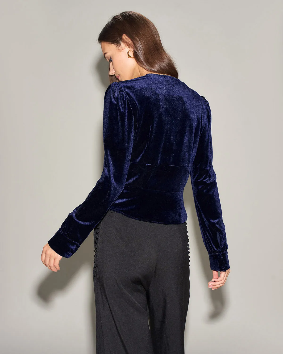 Navy V Neck Velour Blouse sold by rihoas product image thumbnail 4