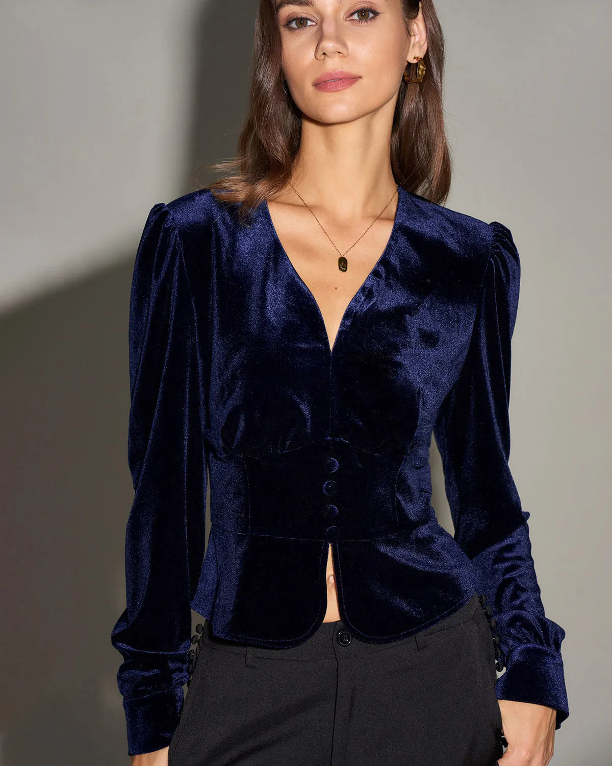 Navy V Neck Velour Blouse sold by rihoas product image thumbnail 2