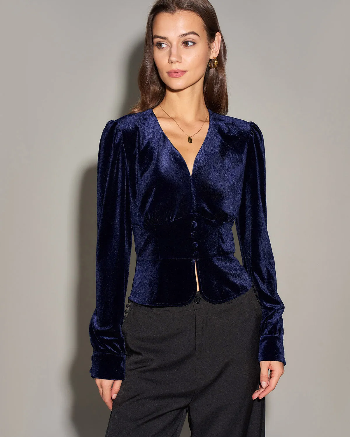 Navy V Neck Velour Blouse sold by rihoas product image thumbnail 3