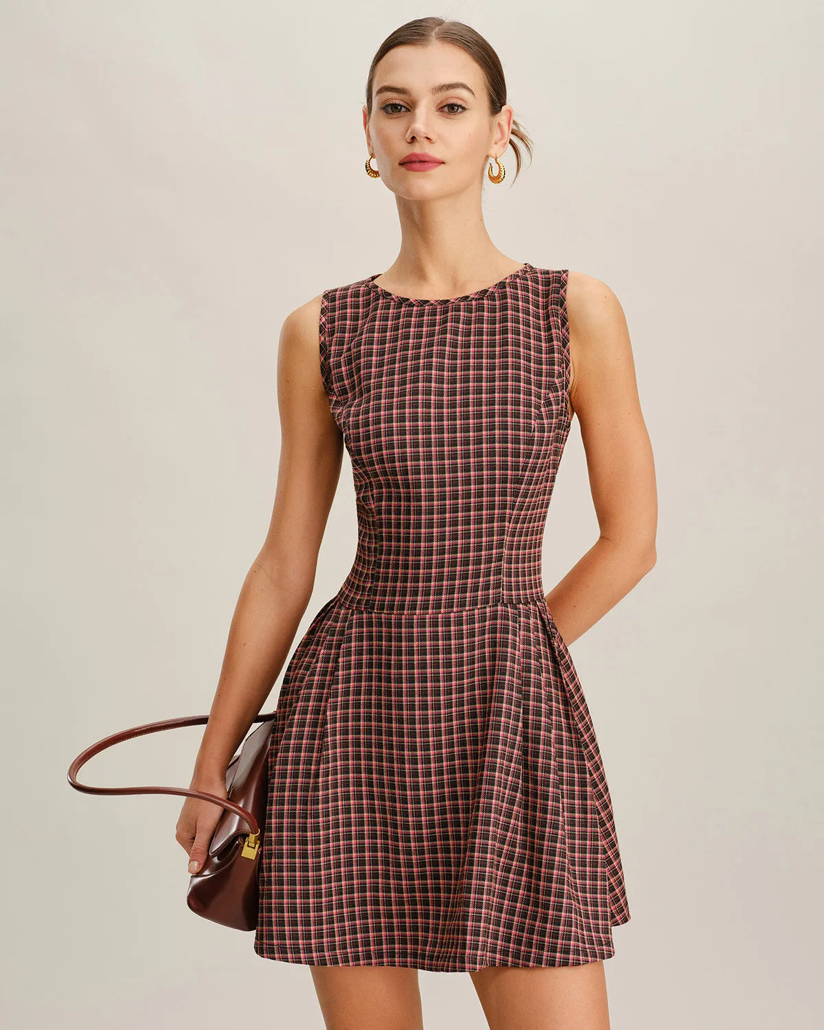 Red Plaid Boat Neck Sleeveless Mini Dress sold by rihoas