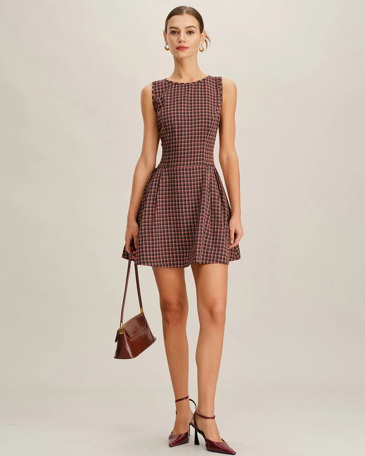 Red Plaid Boat Neck Sleeveless Mini Dress sold by rihoas product image thumbnail 5