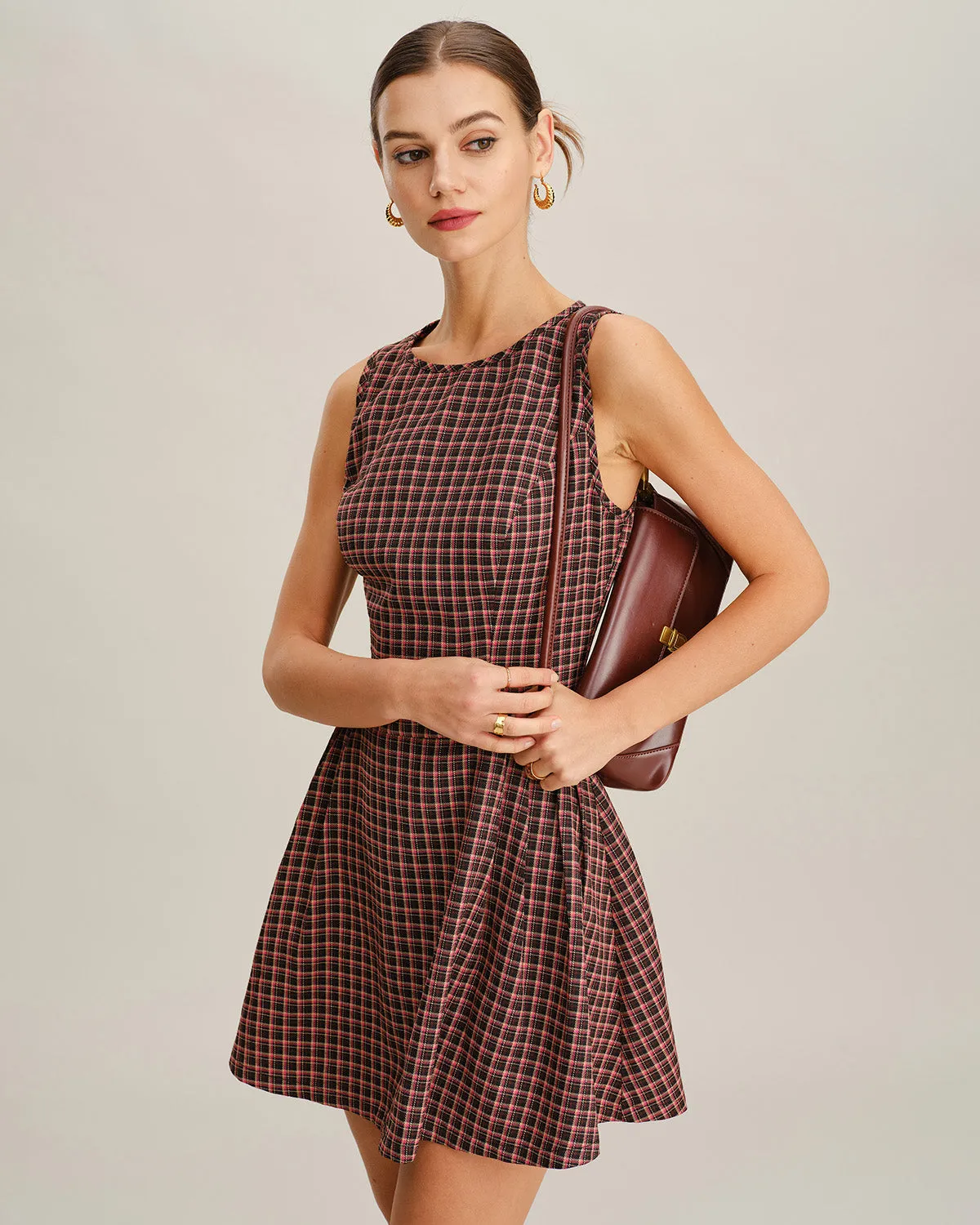 Red Plaid Boat Neck Sleeveless Mini Dress sold by rihoas product image thumbnail 2