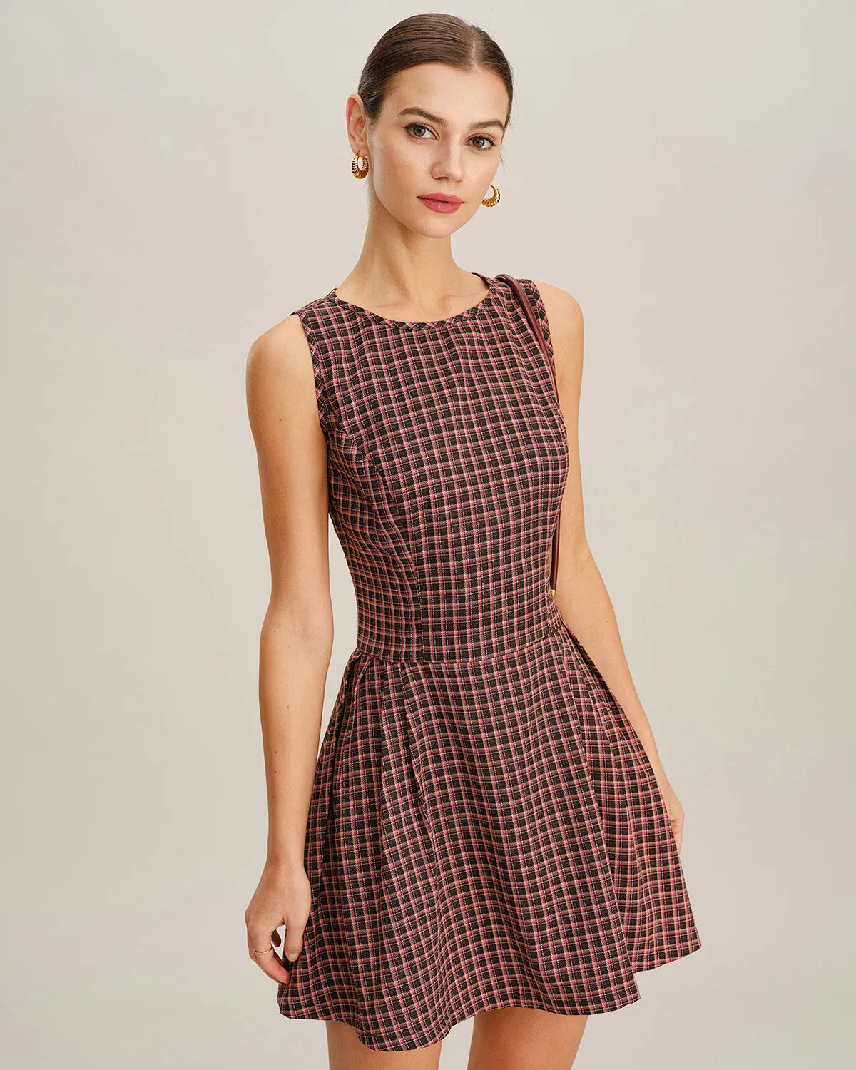 Red Plaid Boat Neck Sleeveless Mini Dress sold by rihoas product image thumbnail 3