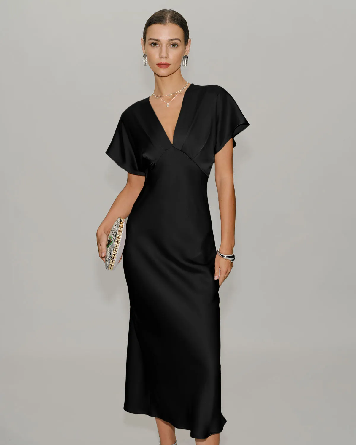 Black Satin Cowl Sleeve Midi Dress sold by rihoas