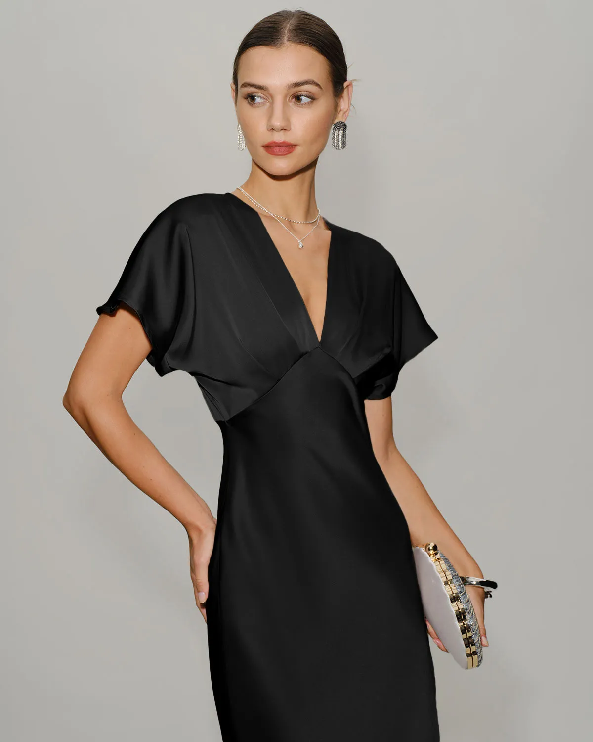 Black Satin Cowl Sleeve Midi Dress sold by rihoas product image thumbnail 2