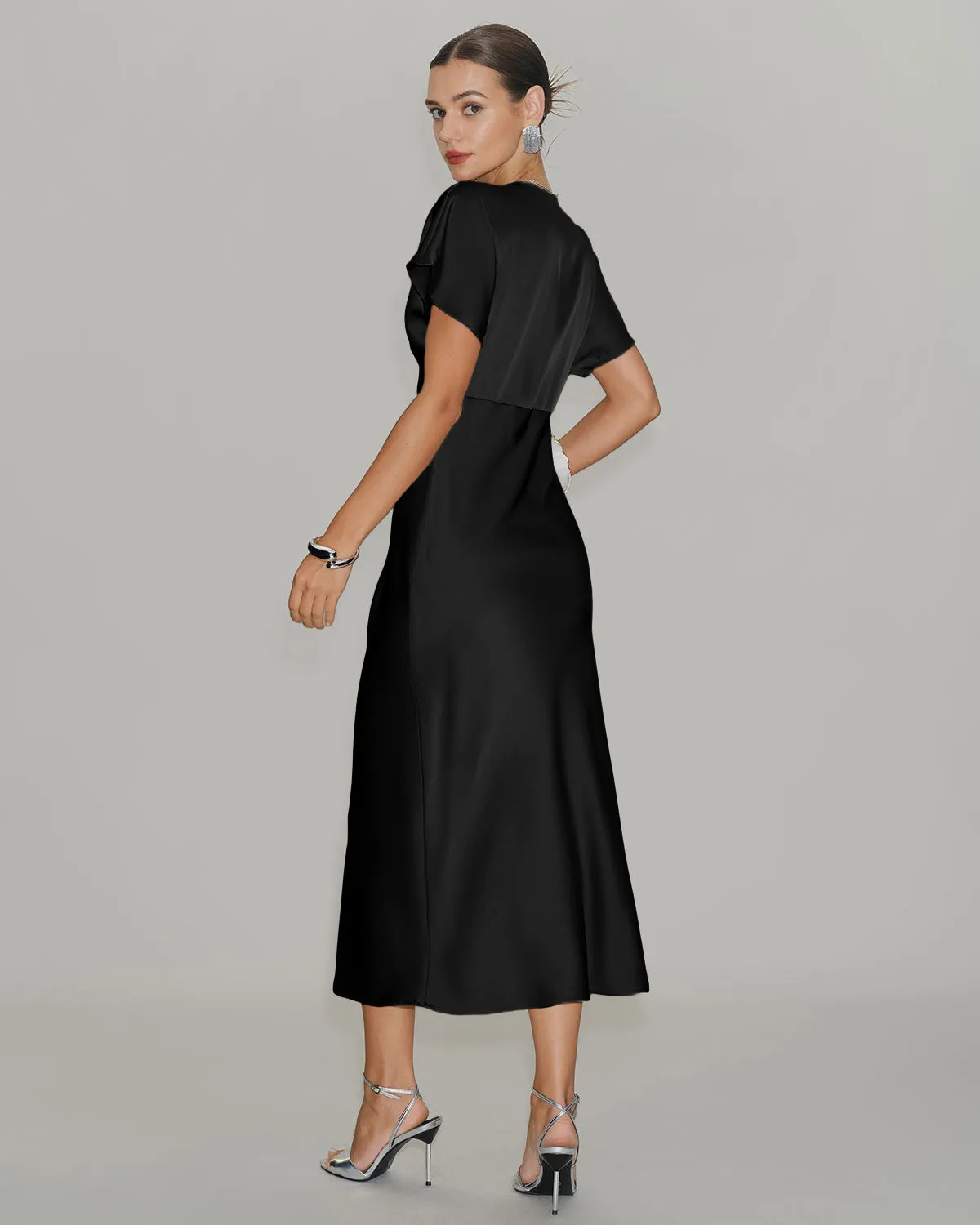 Black Satin Cowl Sleeve Midi Dress sold by rihoas product image thumbnail 4