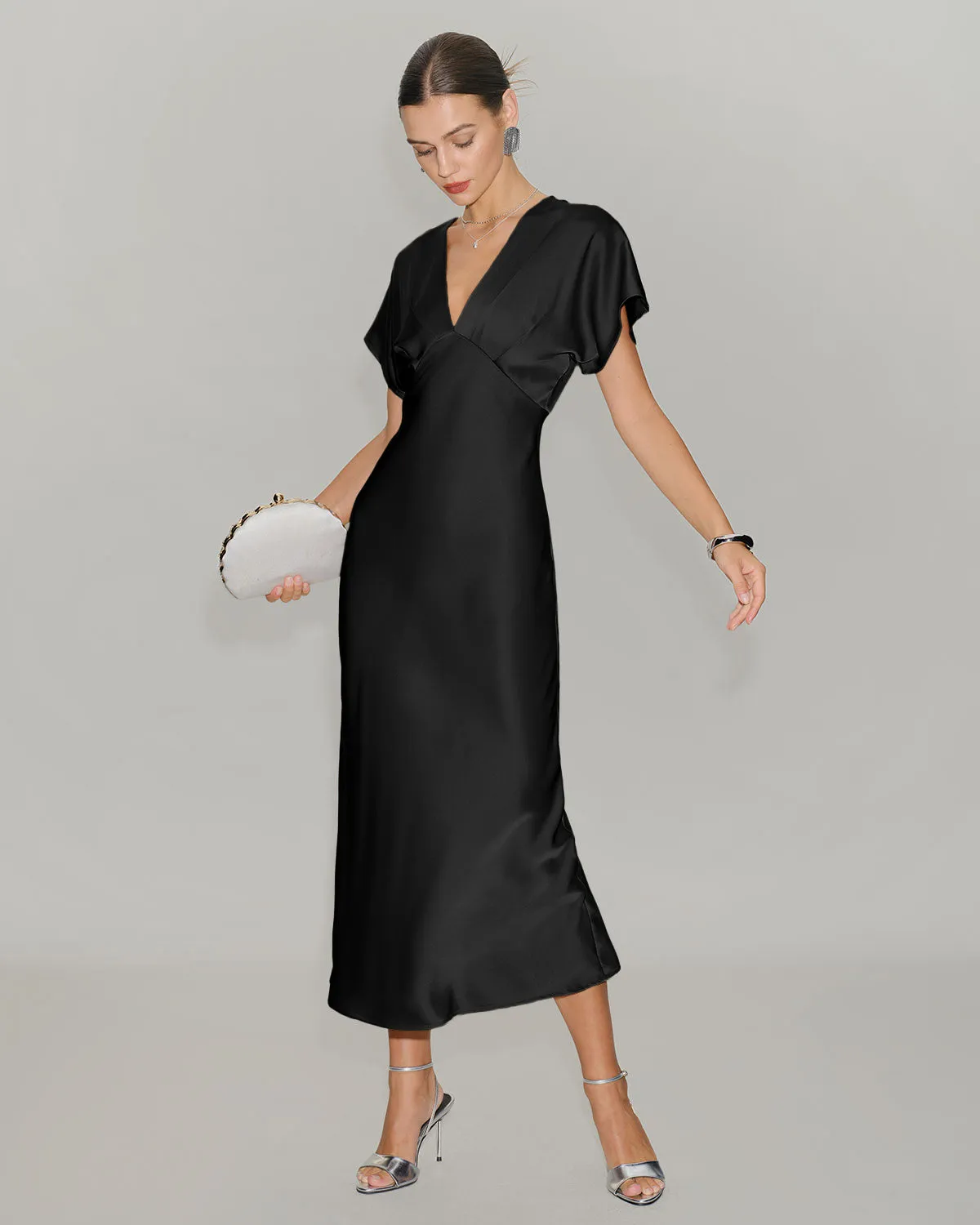 Black Satin Cowl Sleeve Midi Dress sold by rihoas product image thumbnail 3