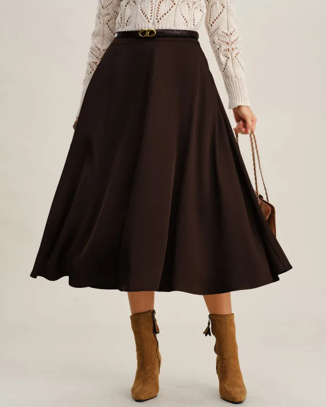 Brown A-Line Pleated Midi Skirt sold by rihoas