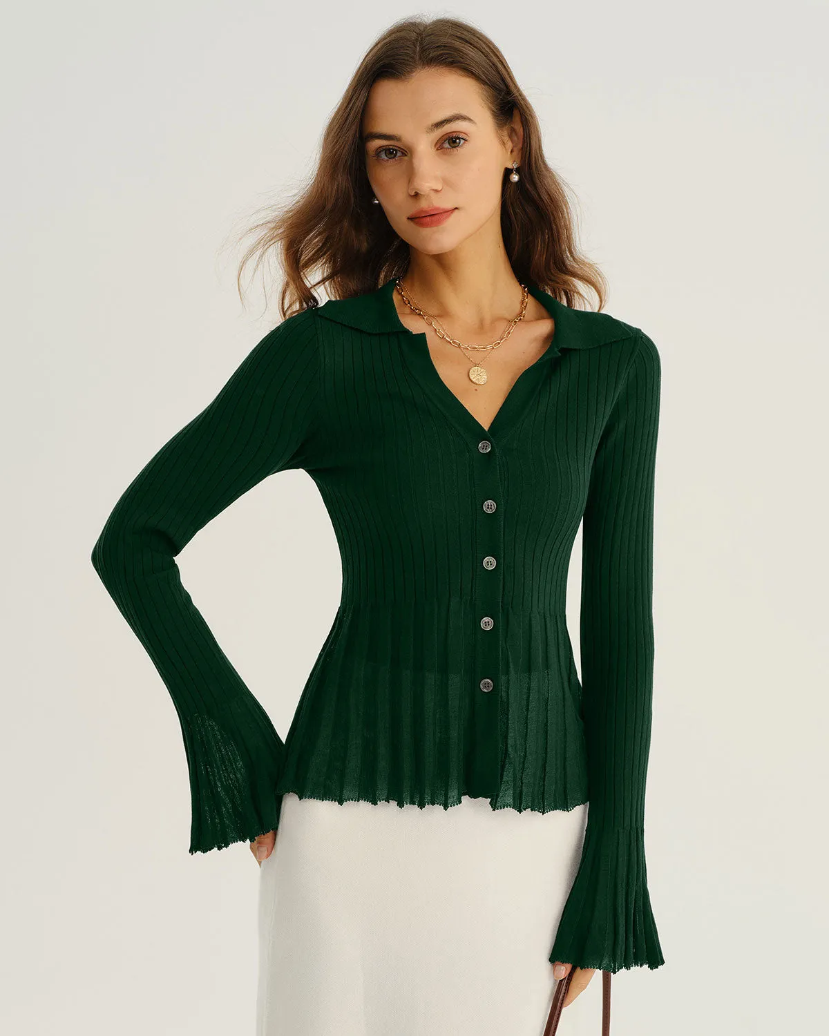 Green V-Neck Bell Sleeve Knit Cardigan sold by rihoas product image thumbnail 3