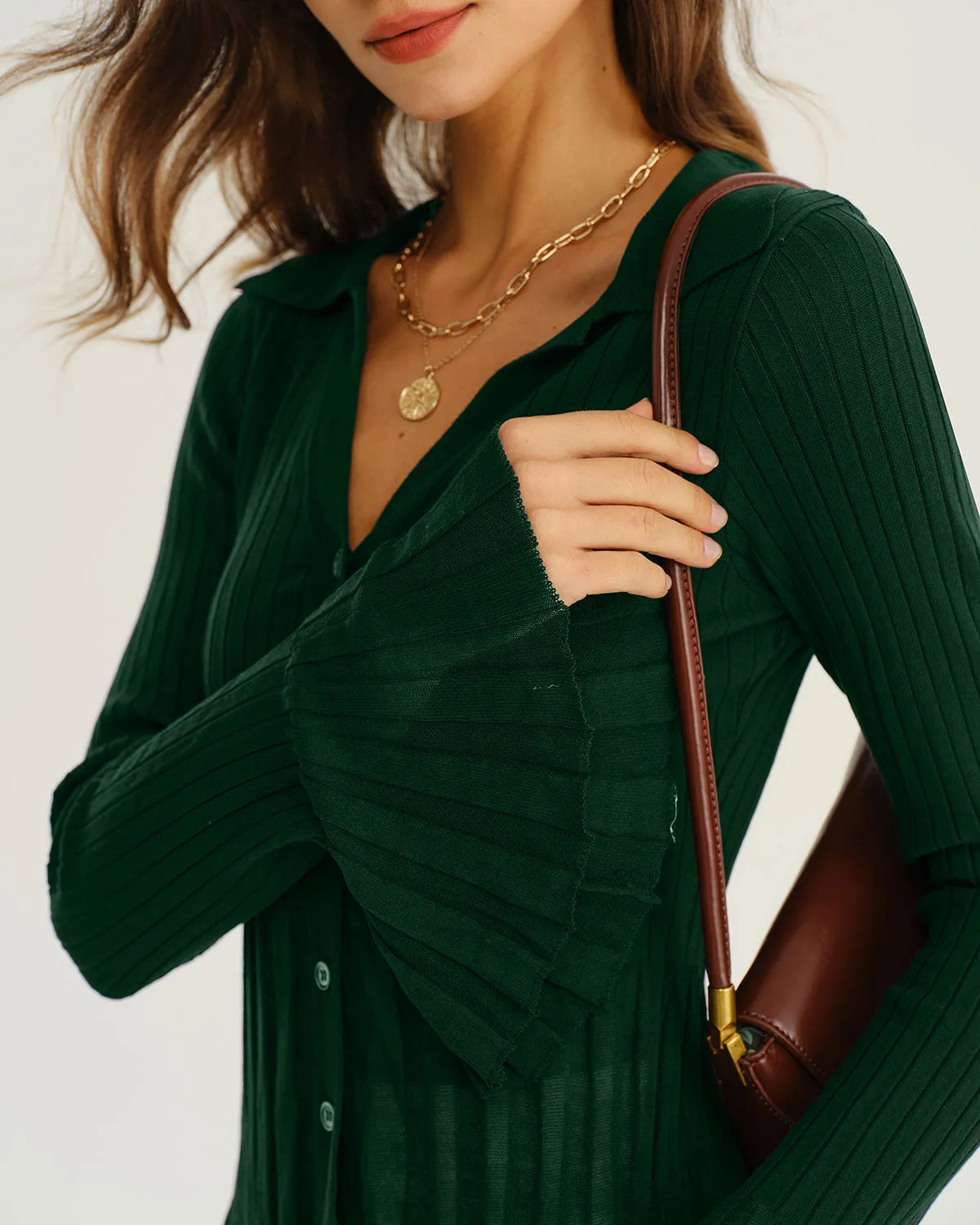 Green V-Neck Bell Sleeve Knit Cardigan sold by rihoas product image thumbnail 2