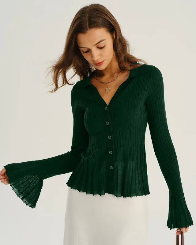 Green V-Neck Bell Sleeve Knit Cardigan sold by rihoas
