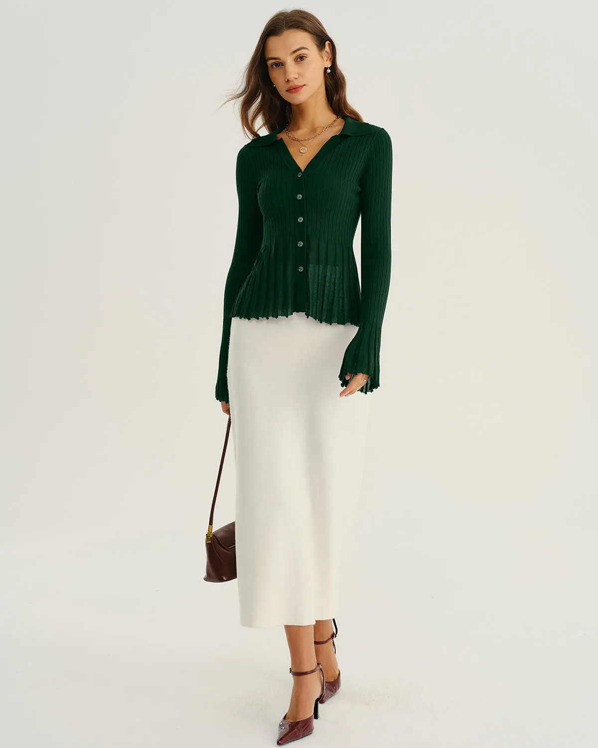 Green V-Neck Bell Sleeve Knit Cardigan sold by rihoas product image thumbnail 5
