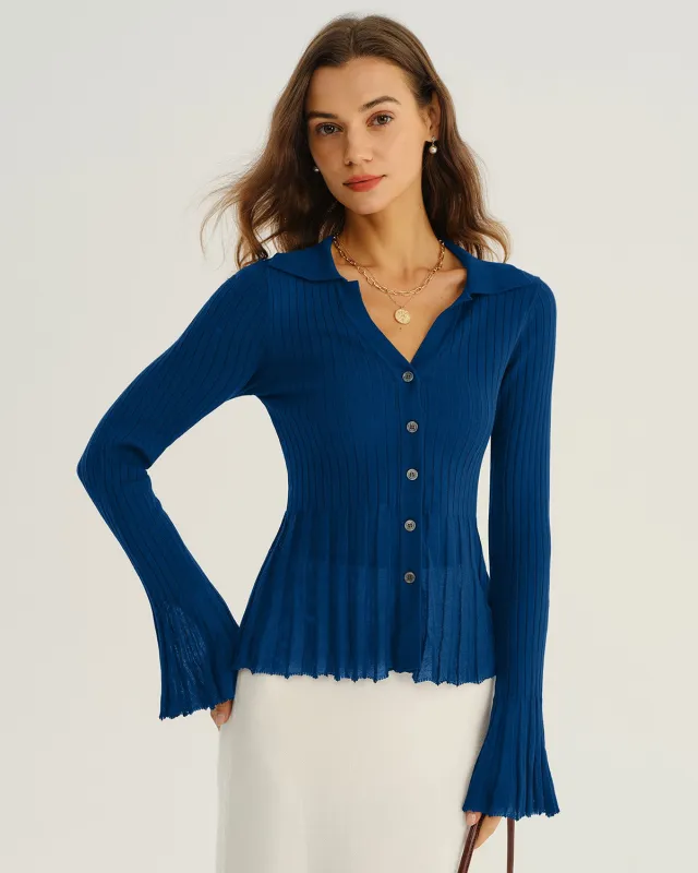 Blue V-Neck Bell Sleeve Knit Cardigan sold by rihoas