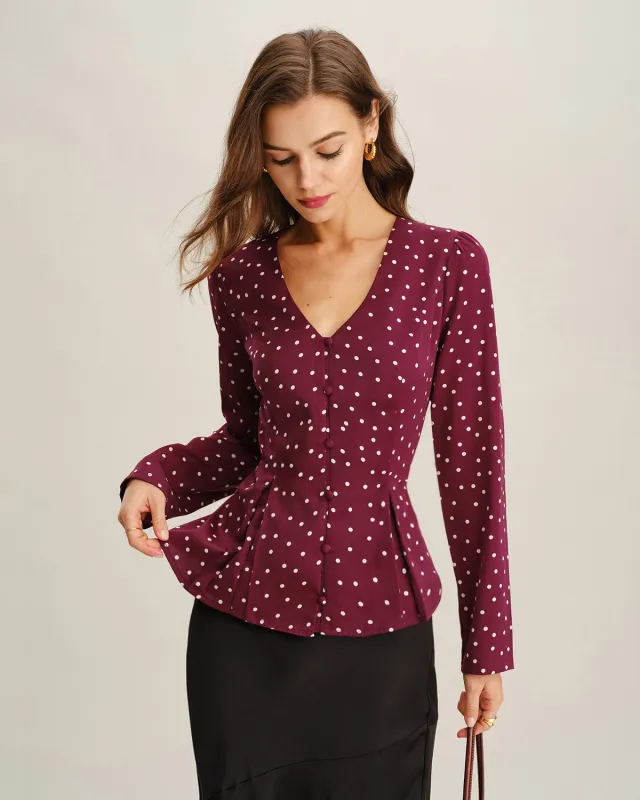 Wine Red Polka Dot V Neck Blouse sold by rihoas