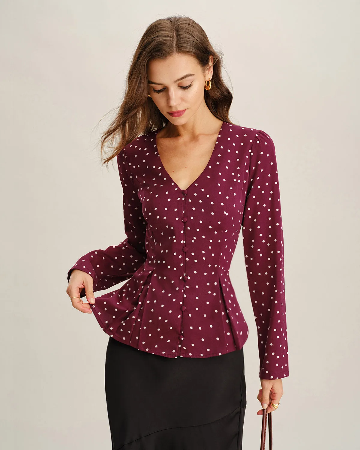 Wine Red Polka Dot V Neck Blouse sold by rihoas