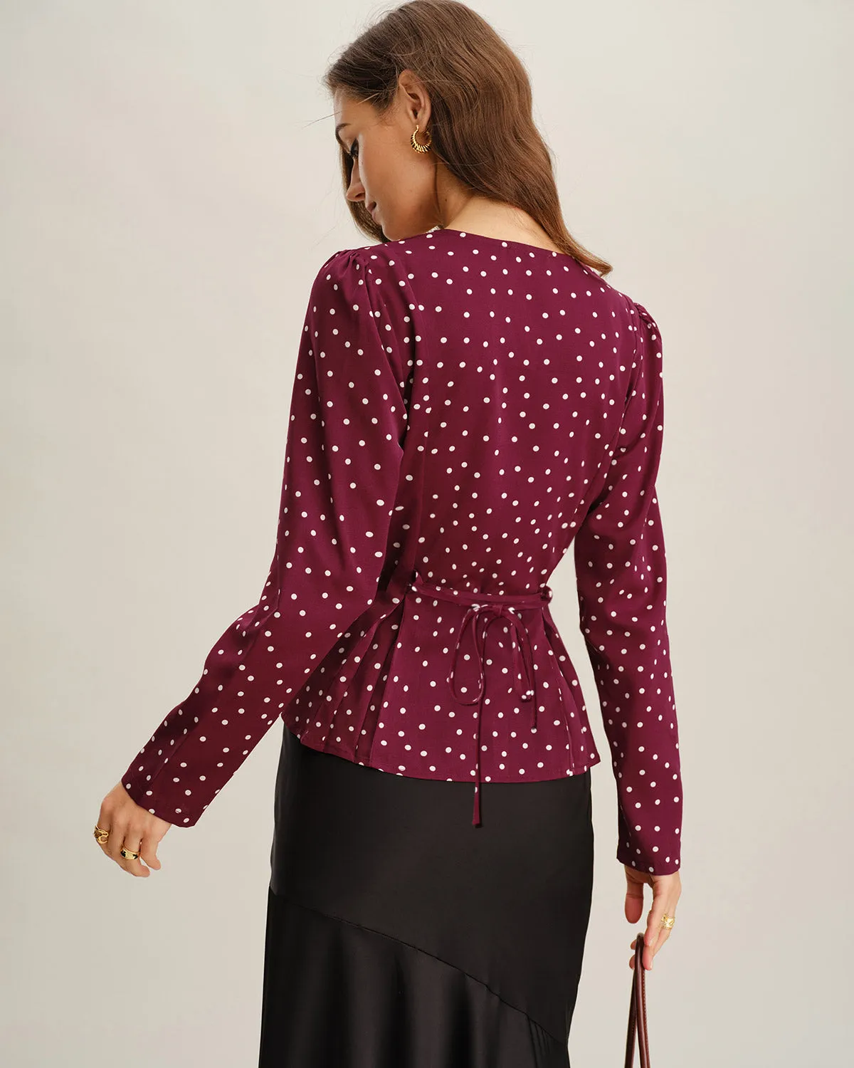 Wine Red Polka Dot V Neck Blouse sold by rihoas product image thumbnail 3