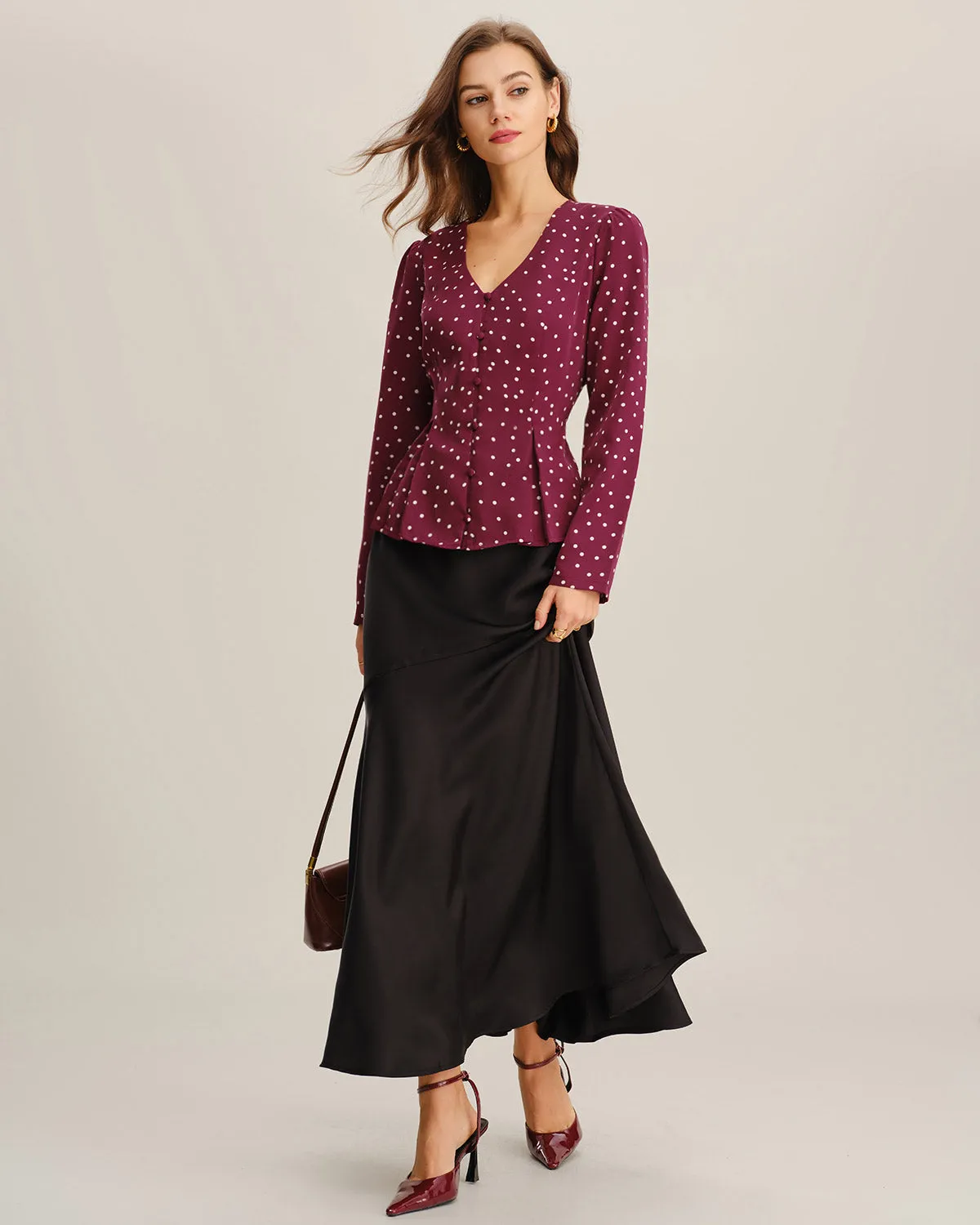 Wine Red Polka Dot V Neck Blouse sold by rihoas product image thumbnail 4
