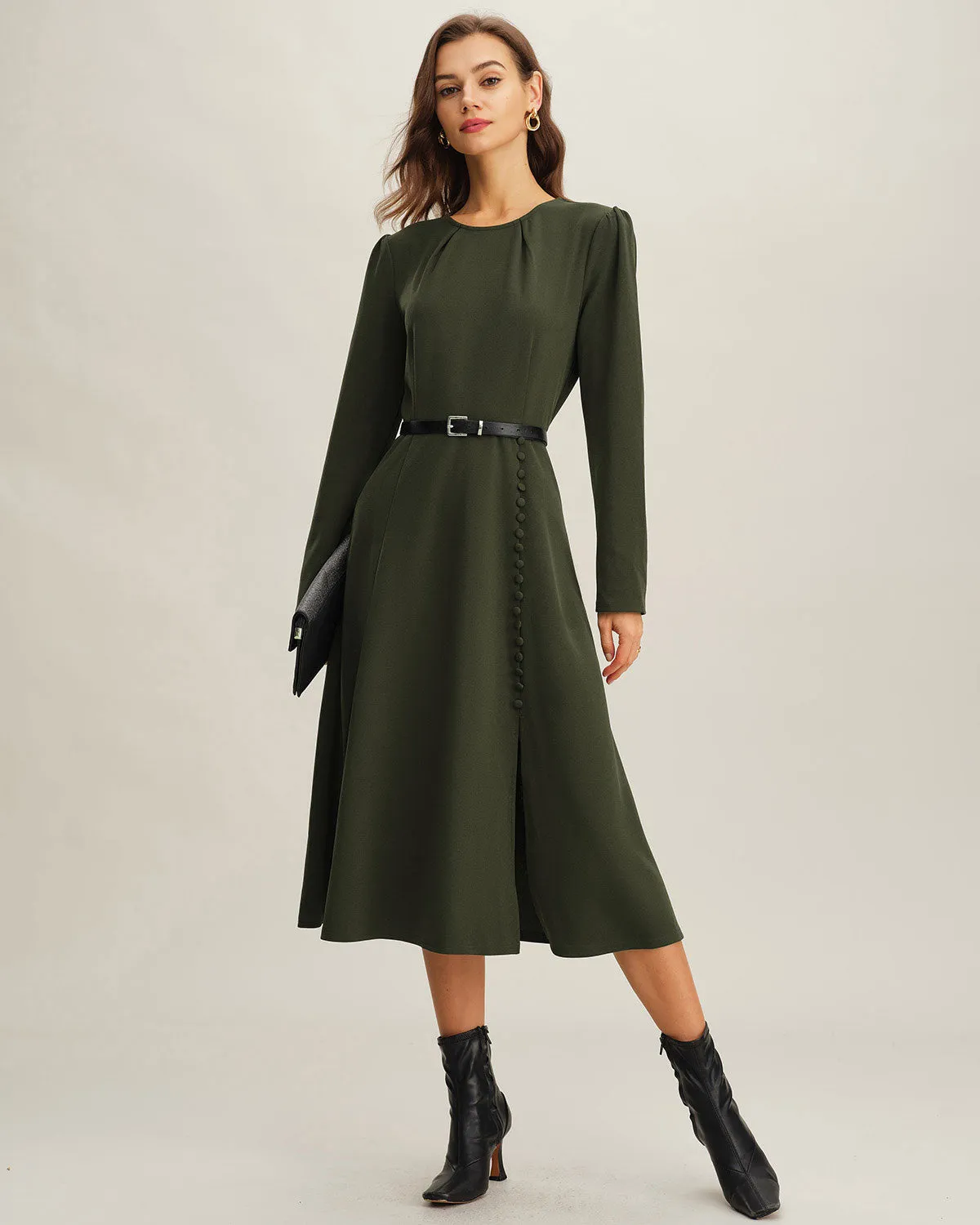 Green Ruched A-Line Slit Midi Dress sold by rihoas product image thumbnail 5
