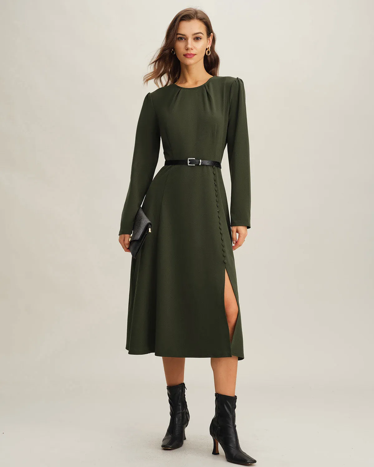 Green Ruched A-Line Slit Midi Dress sold by rihoas product image thumbnail 4