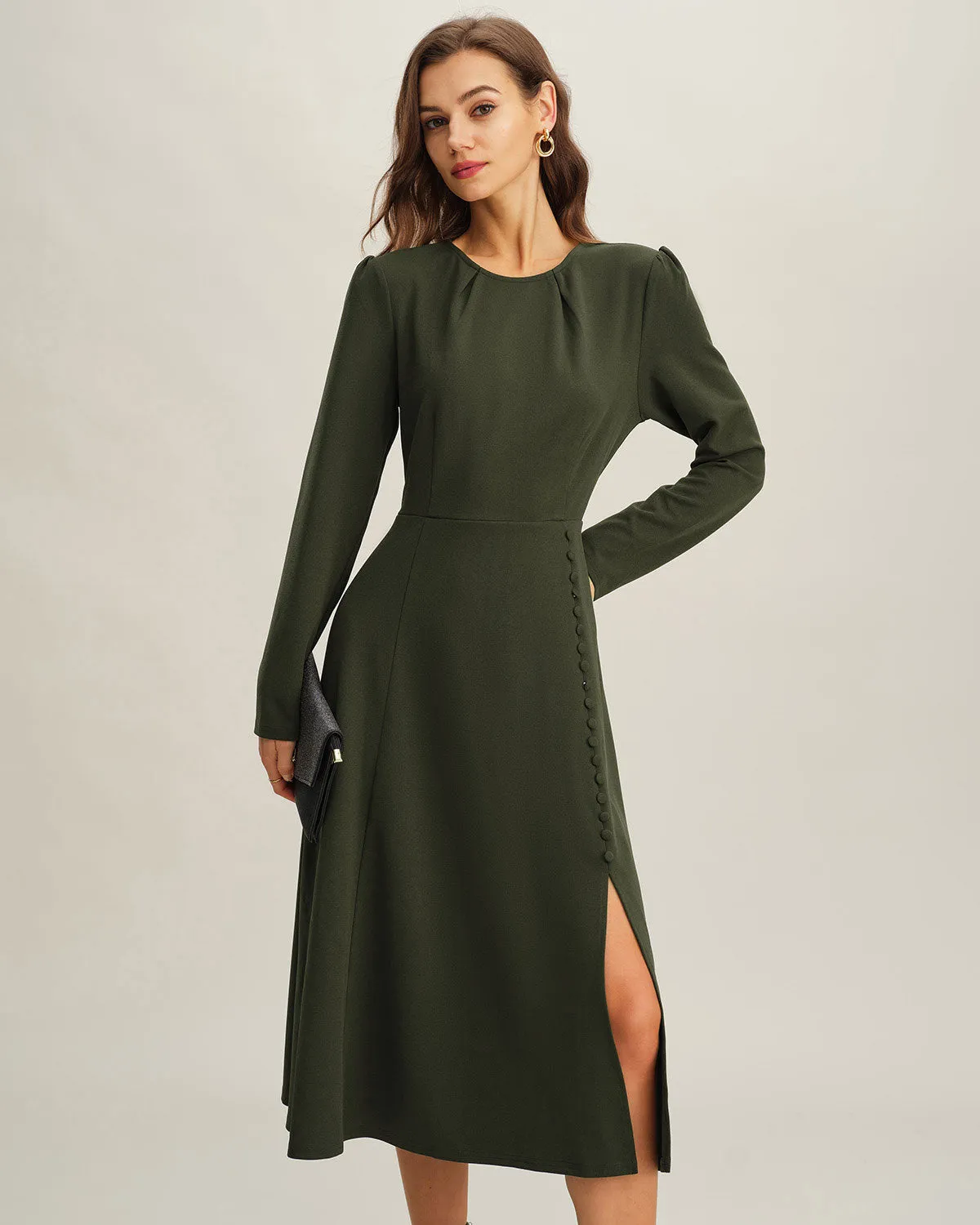 Green Ruched A-Line Slit Midi Dress sold by rihoas